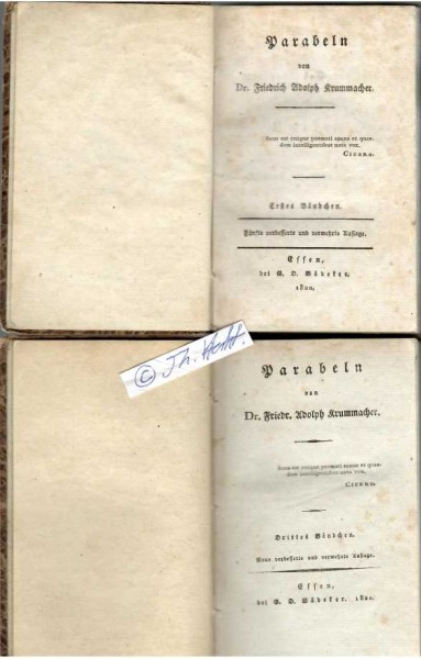 FRIEDRICH ADOLPH KRUMMACHER (Friedrich Adolf Krummacher, 1767-1845) Professor Dr.theol., deutscher evangelischer Theologe. Krummachers Liedtexte wurden zum Teil von Franz Schubert vertont (so Die Nacht); seine Choräle (beispielsweise Eine Herde und ein Hirt) gehörten bis ins ausgehende 20. Jahrhundert zum Liedgut der deutschsprachigen evangelischen Gesangbücher.