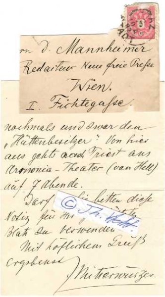FRIEDRICH MITTERWURZER (1844-97) deutsch-österreichischer Schauspieler. Seit 1867 war er mit der Schauspielerin Wilhelmine Mitterwurzer verheiratet. 1871 an dass k.k. Hof-Burgtheater nach Wien verpflichtet, Regisseur am Wiener Stadttheater und Direktor am Carltheater.