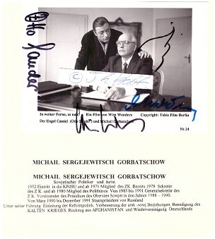 OTTO SANDER (1941-2013) deutscher Schauspieler; WIM WENDERS (1945) deutscher Regisseur, MICHAIL GORBATSCHOW (1931-2022) letzter Staatspräsident der Sowjetunion, Friedensnobelpreisträger