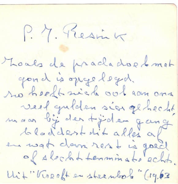 PIETER YONDANI RESINK (1911-97) niederländisch-indonesischer Schriftsteller, Historiker und Jurist. Er war bekannt für seine Gedichte, Essays und kulturkritischen Texte, oft mit Bezug zu Indonesien und seiner kolonialen Vergangenheit.