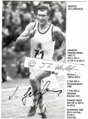 MARTIN JELLINGHAUS (1944) deutscher Leichtathlet und Olympiamedaillengewinner, der Ende der 1960er-Jahre und Anfang der 1970er-Jahre zu den weltbesten 400-Meter-Läufern gehörte. Sein größter Erfolg ist die Bronzemedaille bei den Olympischen Spielen 1968 in Mexiko-Stadt mit der 4-mal-400-Meter-Staffel