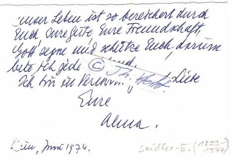 ALMA SEIDLER-EIDLITZ (1899-1977) österreichische Schauspielerin, Kammerschauspielerin, Ehrenmitglied des Burgtheaters, Tochter des Professors und k.k. Ministerpräsidenten Ernst Seidler von Feuchtenegg. Nach ihrem Tod wurde 1978 der Alma-Seidler-Ring als Auszeichnung für die bedeutendste Bühnenkünstlerin des deutschen Sprachraums gestiftet..