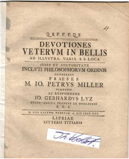 JOHANNES PETRUS MILLER (Ioannis Petrvs Miller / Johann Peter Miller, 1725-89) Rektor des Ulmer Gymnasiums, Altphilologe, veröffentlichte mehrere Lehrbücher (s. ADB 21); Vt Gottlob Dieterich v. M. (bayer. →Personaladel, 1753–1822), studierte seit 1771 in G. Rechtswissenschaften, führte 1772/73 d. Journal des „Hains“, 1774 Ulmischer Subdelegationssekr. d. Visitation d. Reichskammerger. in Wetzlar, später Oberjustizrat in Ulm u. Oberappellationsger.rat in München