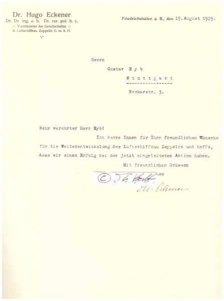 HUGO ECKENER (1868-1954) Dr., dt. Luftschiffer seit 1905, 1924 Vorsitz Zeppelin GmbH, auch Schriftsteller
