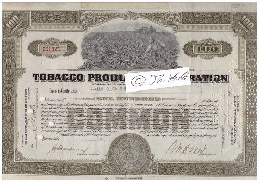 ORIGINAL-AKTIE Tobacco Products Corporation Limited stock certificate 1930's, 100 SHARES