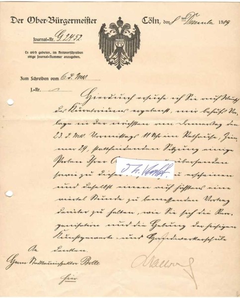 MAX WALLRAF (1859-1941) deutscher Jurist und Politiker (DNVP). Er war von 1907 bis 1917 Oberbürgermeister der Stadt Köln, von 1917 bis 1918 Staatssekretär des Reichsamts des Inneren (Innenminister) und von 1924 bis 1925 Reichstagspräsident.