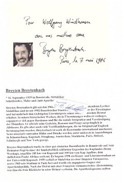 BREYTEN BREYTENBACH (1939-2024) südafrikanischer Anti-Apartheid-Aktivist, Schriftsteller und Maler; gilt als einer der bedeutendsten Lyriker Afrikas; verzichtete auf seine Privilegien als Bure um sich für die Rassenfreiheit einzusetzen, Mitbegründer der Widerstandsgruppe Okhela