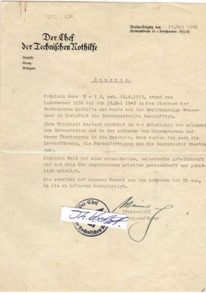 HANS WEINREICH (1896–1963) deutscher Polizist, SS-Gruppenführer und Politiker (NSDAP), MdR, MdL, SS-Gruppenführer und Generalleutnant der Polizei sowie Chef der Technischen Nothilfe (TeNo). Weinreich wurde im September 1943 aus persönlichen Gründen durch den Reichsführer SS Heinrich Himmler abgesetzt und aus der SS entlassen. Weinreichs Entlassung resultierte aus einer öffentlich bekanntgewordenen Affäre mit einer Prostituierten, die früher geschlechtskrank gewesen war. Weinreich hatte ihr ein Heiratsversprechen abgegeben. Seine Frau und seine 17-jährige Tochter begingen Ende 1942 Selbstmord