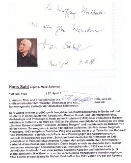 HANS SAHL (1902-93) deutscher Lyriker, Dramatiker und Übersetzer, 1933 emigriert, Literatur-, Film- und Theaterkritiker in der Zeit der Weimarer Republik und als antifaschistischer Schriftsteller, Übersetzer und Kulturkorrespondent Vertreter der deutschen Exilliteratur