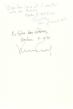 KEN FOLLETT (1949) britischer Schriftsteller, Thriller; SIMON GRONOWSKI (1931) belgischer Holocaust-Überlebender, der im Zweiten Weltkrieg aus dem Transport XX fliehen konnte