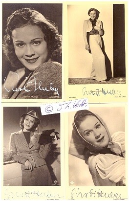 GUSTI HUBER (1914-93 NY) österreichische Schauspielerin, UFA-Star, u.a.1937 Land der Liebe, 1939 Marguerite: 3 und 1941 Jenny und der Herr im Frack Ihr letzter Kinofilm war 1959 Das Tagebuch der Anne Frank, in dem sie die Rolle der Mutter Edith Frank übernahm., Mutter von Bibiana „Bibi“ Besch (1942–1996)