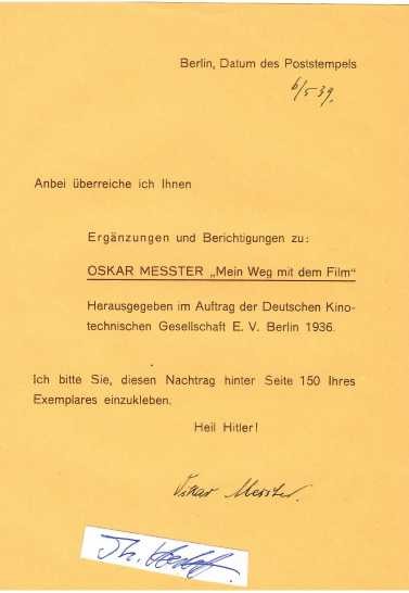 OSKAR MESSTER (Meßter, 1866-1943) deutscher Filmpionier, Mitbegründer des Deutschen Optikerverbandes und Beisitzer in der Meisterprüfungskommssion für Berlin und Potsdam. 1903 führte er erstmals Tonbilder auf, indem er den Filmprojektor und ein Grammophon koppelte und zeitgleich zuvor synchron aufgezeichnete Schallplatten abspielte, dieses Gerät nannte er Biophon. Es wurde auf der Weltausstellung 1904 in St. Louis vorgestellt. Mit nahezu 300 produzierten Filmen stieg Messter während der Kaiserzeit zum Impresario des deutschen Films auf und verhalf Schauspielerinnen wie Henny Porten zum Starkult. Im Jahr 1912 gelang Messter gemeinsam mit Friedrich Simon Archenhold mit dem Riesenfernrohr der Sternwarte in (Berlin-)Treptow die weltweit erste Filmaufnahme einer Sonnenfisternis