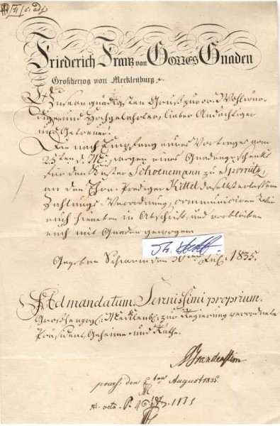 AUGUST GEORG VON BRANDENSTEIN (August Georg Freiherr von Brandenstein , 1755-1836) Großherzoglich Mecklenburg-Schwerinscher Geheimrats-Präsident und Minister, 1813 riet Brandenstein dem Herzog, sich von dem „verhassten“ Rheinbunde loszusagen, um sich den alliierten Mächten anzuschließen