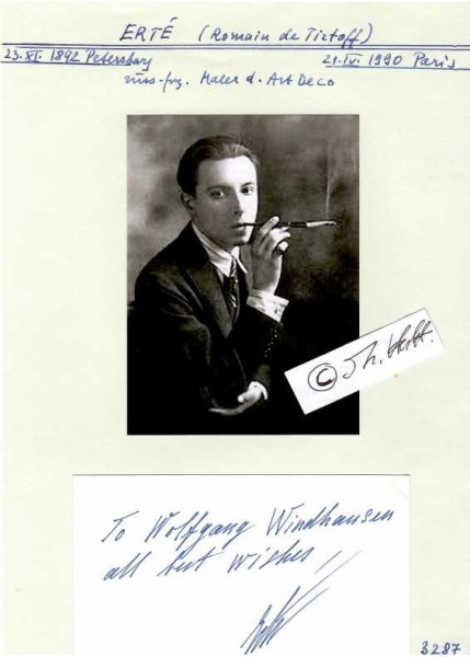 ERTE (Erté, eigentlich Romain de Tirtoff, 1892-1990) russisch-französischer Illustrator, Bühnenbildner und Modedesigner. Mit seinen Illustrationen und Modekreationen ist Erté einer der Hauptvertreter des Art déco. Sein Stil ist geprägt von synthetischem Kubismus in Verbindung mit exotischem Dekorativismus.