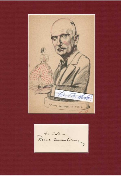 RAOUL AUERNHEIMER (1876- 1948 in Oakland, Kalifornien, USA) österreichischer Jurist, Journalist und Schriftsteller aus der Blütezeit des Wiener Feuilletons, Großcousin von Theodor Herzl. Er verkehrte in Wien in Kreisen von Hugo von Hofmannsthal, Stefan Zweig, Jakob Wassermann und Arthur Schnitzler, ab 1923 Präsident des österreichischen PEN-Clubs, im März 1938 verhaftet und im Prominententransport von Wien ins Konzentrationslager nach Dachau deportiert, dann emigriert