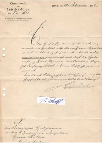 VON STEINBOHM (Heinbohm ?, Daten unbekannt) deutscher Oberst und amtierender Commandeur des CADETTEN-CORPS