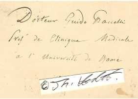 GUIDO BACCELLI (1830-1916) Professor Dr.med, italienischer Mediziner und Politiker, einer der bekanntesten Mediziner in Italien. Er lehrte als Professor an der Universität La Sapienza in Rom. Mit mehreren Unterbrechungen war er zwischen 1879 und 1900 Bildungsminister (Ministro della Pubblica Istruzione) von Italien, von 1901 bis 1903 Landwirtschaftsminister. Er förderte viele wissenschaftliche und kulturelle Bestrebungen, etwa größere Ausgrabungsvorhaben in Rom, und führte 1898 das Fest des Baumes in Italien ein. / famous italian doctor and politican, minister