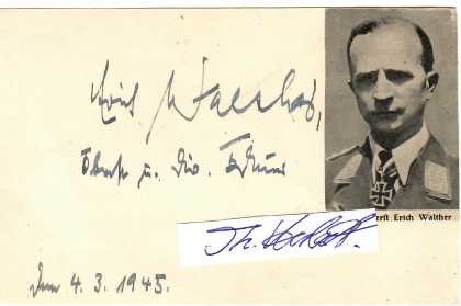 ERICH WALTHER (1903-46 Lager Buchenwald) Kommandeur des Fallschirmjäger-Regiments 4, 1944 Kommandeur der neuen Fallschirm-Panzergrenadier-Division 2 Hermann Göring an der Ostfront. Für die Erfolge der Division bei der Abwehrschlacht in Ostpreußen erhielt er am 1. Februar 1945 die Schwerter zum Ritterkreuz mit Eichenlaub verliehen.