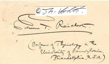 EDWARD T. REICHERT (Edward Tyson Reichert, 1855-1931) Professor Dr.med., US-amerikanischer Mediziner, Physiologe und Anthropologe sowie Gründer der Prähistorischen Sammlung (heute Archäologische Staatssammlung) in München, Neffe des Historikers Leopold von Ranke (1795–1886). 1895 wurde er Ehrenmitglied der Berliner Gesellschaft für Anthropologie, Ethnologie und Urgeschichte. / american research physiologist, especially noted for his work in blood crystallography, university professor