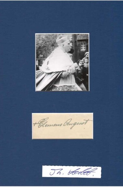 CLEMENS AUGUST KARDINAL GRAF VON GALEN (1878-1946) deutscher Bischof und Kardinal, genannt Der Löwe von Münster. Er war von 1933 bis 1946 Bischof von Münster. Bekannt wurde er vor allem durch sein öffentliches Auftreten gegen die „Vernichtung lebensunwerten Lebens“ in der Zeit des Nationalsozialismus. 1946 wurde er zum Kardinal erhoben und 2005 seliggesprochen.