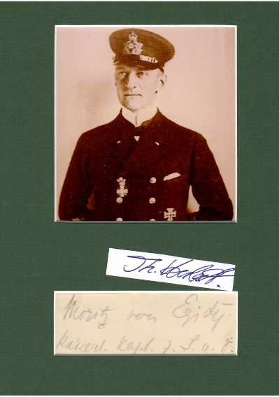 MORITZ VON EGIDY (Sohn, 1870-1937) deutscher Marineoffizier, Adjutant von Prinz Heinrich, Bruder von Kaiser Wilhelm II. Im Ersten Weltkrieg war er Kreuzerkommandant, in der Skagerrak-Schlacht versank unter dem Feuer der Seydlitz der englische Schlachtkreuzer HMS Queen Mary (27.000 t, 1266 Tote), danach 1918/19 Kommandeur der Marineschule. Von 1933 bis 1936 war für den SS-Sicherheitsdienst tätig.