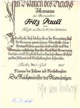 KONSTANTIN VON NEURATH (1873-1956) deutscher Diplomat des Kaiserreichs und der Weimarer Republik. Er wurde 1932 Reichsminister des Äußeren und hatte das Amt auch nach der nationalsozialistischen Machtergreifung bis 1938 inne. Zwischen 1939 und 1943 war Neurath Reichsprotektor des vom Deutschen Reich besetzten Protektorats Böhmen und Mähren.