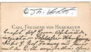 CARL VON HASENAUER (Matthias Carl Borromäus Hasenauer, ab 1873 Freiherr von Hasenauer, 1833-94) österreichischer Architekt des Historismus. Zusammen mit seinem deutschen Kollegen Gottfried Semper entwarf er das Naturhistorische Hofmuseum, das Kunsthistorische Hofmuseum, das Neue Hofburgtheater und die Neue Hofburg sowie allein weitere Bauten in Wien. Wegen seines neobarocken Stils wurde Hasenauer auch der bauende Makart genannt.