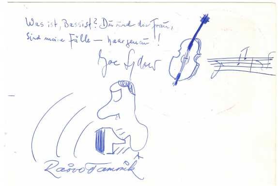 JOE SYDOW (1926-2018) deutscher Jazzbassist, gehörte als Bassist 1949/51 zum Orchester von Kurt Edelhagen und machte bereits damals mit der Edelhagen-Band zahlreiche Schallplattenaufnahmen. 1951 arbeitete er beim Rundfunkorchester des NWDR. Mit Helmut Weglinski schrieb er den Titel „Antik“ (1962). Er trat auch in dem Spielfilm Schenk mir dein Herz (2010) auf.