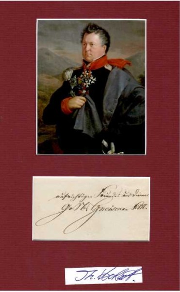 AUGUST NEIDHARDT VON GNEISENAU (1760–1831) deutscher Generalfeldmarschall und Heeresreformer. Während der Stein-Hardenbergschen Reformen modernisierte er zusammen mit Gerhard von Scharnhorst die Preußische Armee im Sinne der Aufklärung, schaffte die alten Adelsvorrechte ab und führte die allgemeine Wehrpflicht ein. Unter anderem auf der Grundlage seiner Ideen wurde später die Auftragstaktik entwickelt. In der Schlacht bei Waterloo 1815 trug er entscheidend zum Sieg über Napoleon bei.