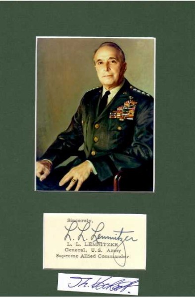 LYMAN LEMNITZER (Lyman Louis Lemnitzer / Lyman L. Lemnitzer, 1899-1988) US-General, im 2.Weltkrieg erreichte er die Kapitulation der dt. Armee in Italien u. südl. Österreich, 1955-57 UN-Kdr. in Korea / United States Army general who served as the fourth chairman of the Joint Chiefs of Staff from 1960 to 1962. He then served as the Supreme Allied Commander Europe of NATO from 1963 to 1969. As chairman of the Joint Chiefs of Staff, Lemnitzer was responsible for drafting Operation Northwoods, a proposed plan to create support for military action against Cuba, by orchestrating false flag terrorism acts in the United States.
