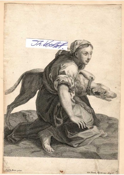 CARL LE BRON (= CHARLES LE BRUN, 1619-90) französischer Maler, Architekt, Historien- und Bühnenbildmaler, Ornamentzeichner, Hofmaler (1662), Direktor der Gobelin-Manufaktur sowie Rektor und Kanzler der Académie royale de peinture et de sculpture. Er leitete die Arbeiten zur Ausstattung der Schlösser Vaux-le-Vicomte und Versailles und war einer der bedeutendsten und prägendsten Künstler des Stiles Louis XIV.