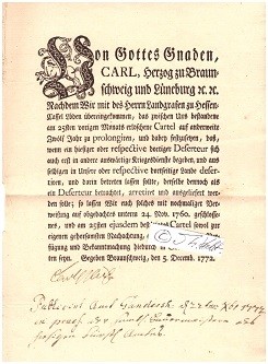 CARL I. / KARL I. (1713-80) HERZOG VON BRAUNSCHWEIG-WOLFENBÜTTEL, Herzog zu Braunschweig und Lüneburg und ab 1735 Fürst von Braunschweig-Wolfenbüttel, während des Polnischen Thronfolgekrieges kaiserlicher Generalfeldwachtmeister, holte 1770 Gotthold Ephraim Lessing als Bibliothekar an die Herzog August Bibliothek
