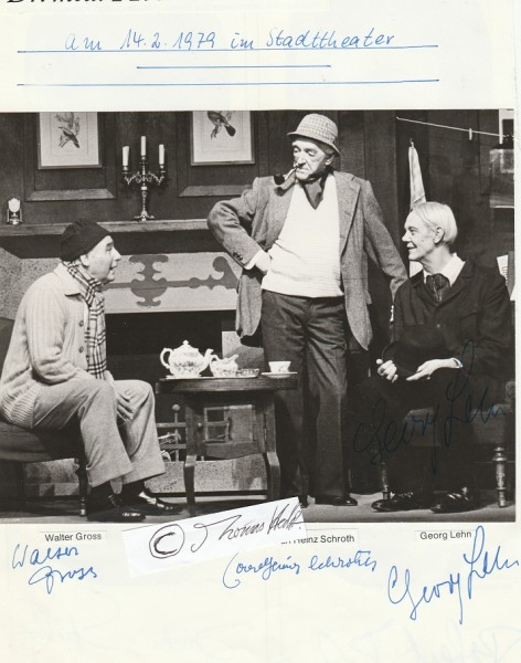 WALTER GROSS (1904-89, deutscher Schauspieler, Kabarettist); GEORG LEHN (1915-96, deutscher Schauspieler); CARL-HEINZ SCHROTH ( (1902-89) österreichisch-deutscher Schauspieler, Regisseur,