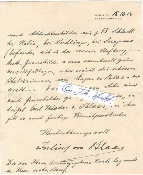 JULIUS VON BLAAS (1845-1922) italienisch-österreichischer Historien-, Tier-, Genre- und Schlachtenmaler. Er erhielt zahlreiche offizielle Aufträge des Wiener Hofes. So malte er einige Reiterporträts Kaiser Franz Josephs I. und Kaiserin Elisabeths sowie weiteren Mitgliedern des Hochadels. 1888 wurde er mit der Erzherzog-Carl-Ludwig-Medaille ausgezeichnet, ab 1869 war er Mitglied des Wiener Künstlerhauses.