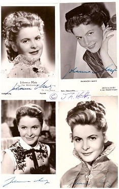 HANNERL MATZ (= Johanna Matz, 1932) österreichische Kammerschauspielerin. 1953 wurde sie von dem Regisseur Otto Preminger nach Hollywood geholt, wo sie in der deutschen Fassung von The Moon is Blue (Die Jungfrau auf dem Dach) spielte. .
