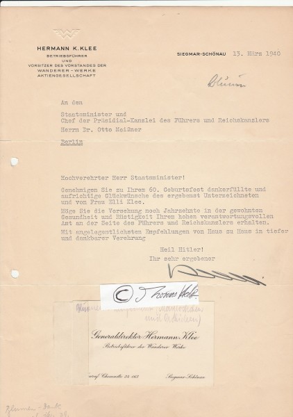 HERMANN KLEE (Hermann K. Klee) Generaldirektor, Betriebsführer und Vorsitzender des Vorstandes der WANDERER-WERKE A.G. 1929-45