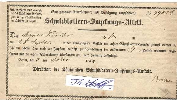 WILHELM AUGUST EDUARD BREMER (1787-1850) Dr.med., machte die Befreiungskriege von 1813-15 als Arzt bei der Landwehr mit, wurde 1816 Director der königlichen Schutzblattern-Impfungsanstalt zu Berlin, Königlicher Medicinal-Rath, viele Veröffentlichungen, u.a. über die neuentdeckten Kuhpocken