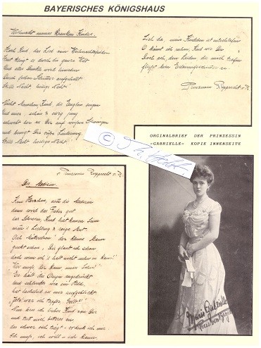 MARIE GABRIELE IN BAYERN (Marie Gabriele Herzogin in Bayern, 1878-1912) bayerische Prinzessin und durch Heirat letzte bayerische Kronprinzessin. Sie heiratete den Kronprinzen Rupprecht von Bayern, Sohn des Königs Ludwig III. von Bayern und der Erzherzogin Maria Theresia von Österreich-Este, am 10. Juli 1900 in München.