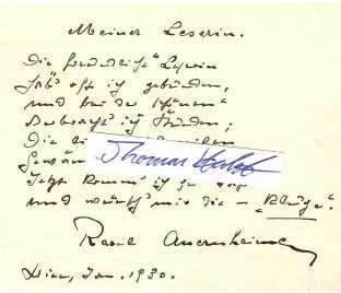 RAOUL AUERNHEIMER (1876- 1948 in Oakland, Kalifornien, USA) österreichischer Jurist, Journalist und Schriftsteller aus der Blütezeit des Wiener Feuilletons, Großcousin von Theodor Herzl. Er verkehrte in Wien in Kreisen von Hugo von Hofmannsthal, Stefan Zweig, Jakob Wassermann und Arthur Schnitzler, ab 1923 Präsident des österreichischen PEN-Clubs, im März 1938 verhaftet und im Prominententransport von Wien ins Konzentrationslager nach Dachau deportiert, dann emigriert