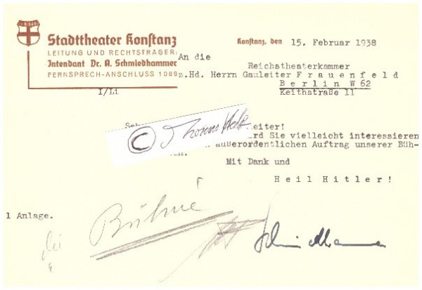 ARTHUR SCHMIEDHAMMER (Daten unbekannt) Dr., dt. Theaterintendant, Nachfolger von Heinz Hilpert, Konstanzer Grenzlandtheater, 1940-44 Oldenburgisches Staatstheater