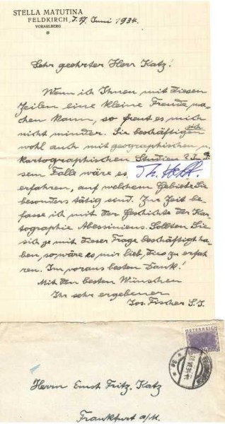 JOSEPH FISCHER, S.J. (auch Josef Fischer, 1858-1944) deutsch-österreichischer historischer Geograf und Priester. Von 1895 bis 1938 unterrichtete Fischer an der Jesuitenschule Stella Matutina in Feldkirch (Österreich). Forschungsreisen führten ihn nach Italien, Frankreich und England (1903/1904 und 1909/1910)