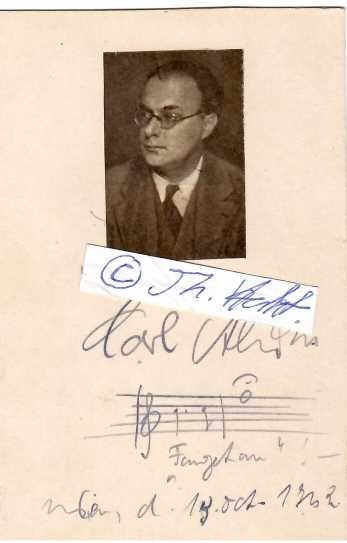 KARL ALWIN (oftmals auch Carl Alwin, ehemals: Alwin Oskar Pinkus; 1891-1945 Mexiko) deutscher Dirigent / german conductor. Von 1920 bis 1938 dirigierte er an der Wiener Staatsoper zugleich Professor an der Akademie, bis er nach der Machtübernahme der Nationalsozialisten mit einem Berufsverbot belegt wurde. Alwin musste 1938 wegen seiner jüdischen Herkunft in die USA emigrieren, ging aber nach der Saison 1939/40 an der Chicago Civic Opera nach Mexiko und dirigierte in Mexiko-Stadt an der Opera Nacional von 1941 bis zu seinem Tod 1945 und lehrte am staatlichen Konservatorium. Von 1919 bis 1933 war er mit der Sopranistin Elisabeth Schumann verheiratet.